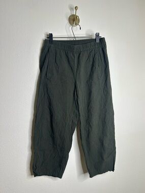 Eileen Fisher Organic Cotton Army Green Ripple Lantern Barrel Style Pant  XS